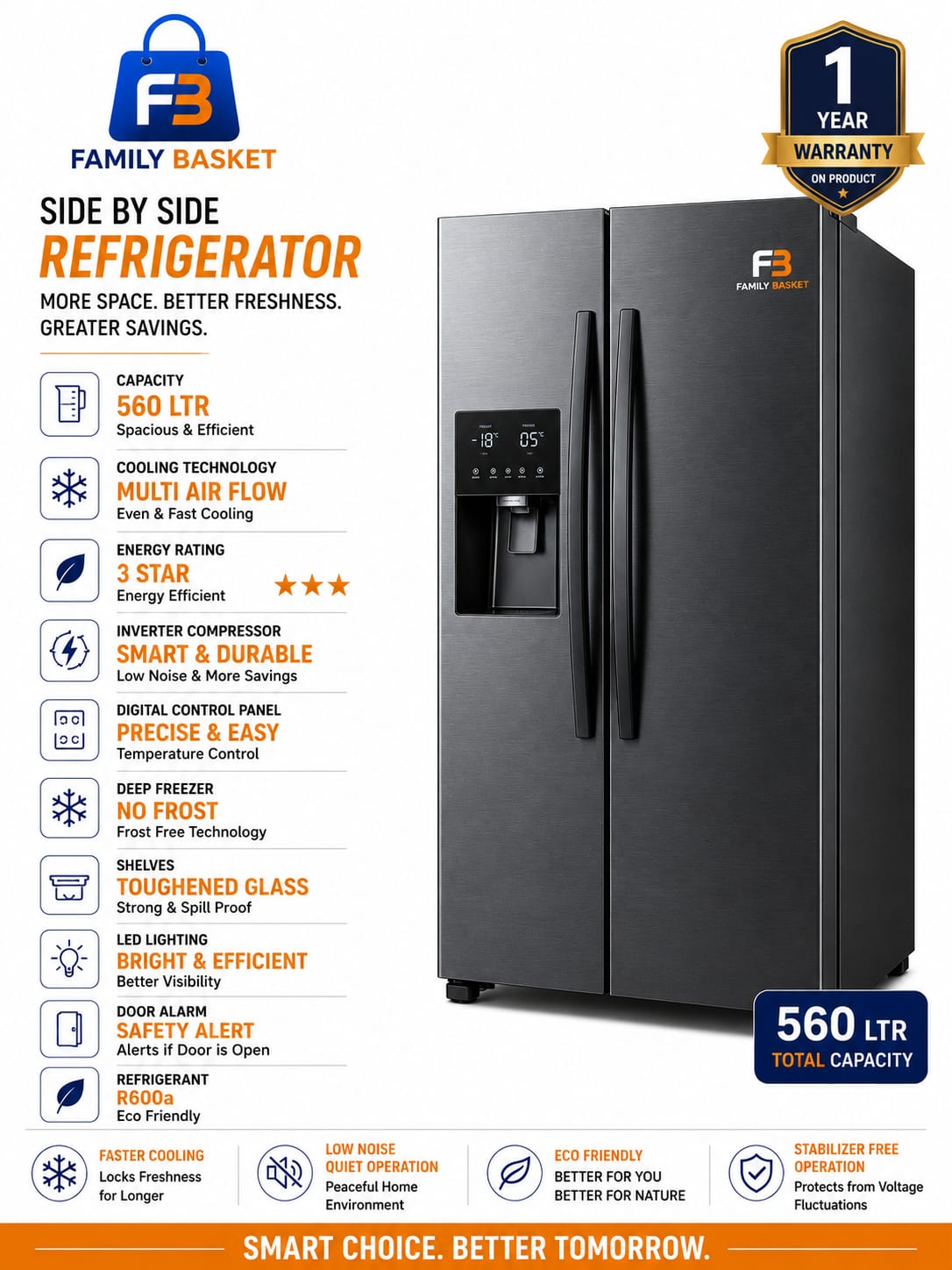 refrigerator side by side  560 ltrs